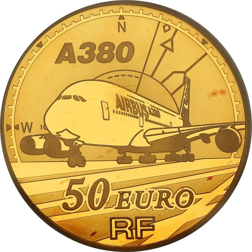 Francja. 50 euro 2007 Europa - Airbus A380 PCGS PR68 DCAM (MAX)
